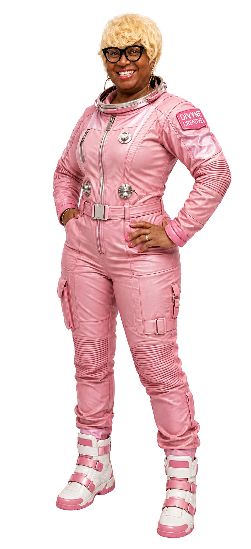 Rhonda Wattis in a pink RhoWatt Space suit